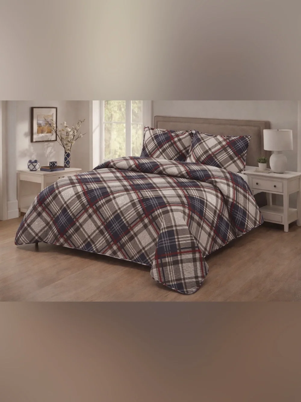 Plaid Queen 3 piece Quilt Set in Navy, Gray and Red